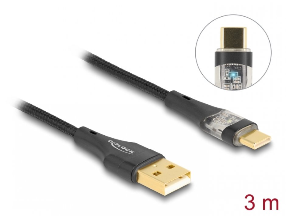 Imagine Cablu USB 2.0-A la USB type C T-T Fast Charging 60W 3m brodat Negru, Delock 80762